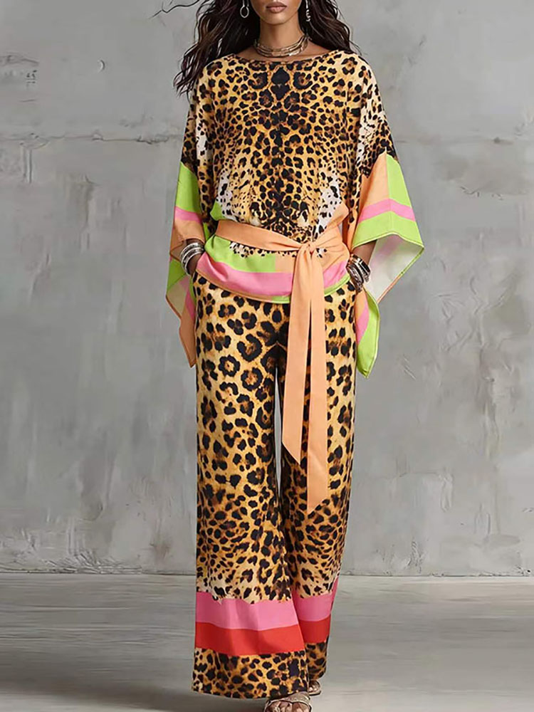Vintage Fashion Retro Outfit - Retro luipaardprint los zomerpak met O-hals,
